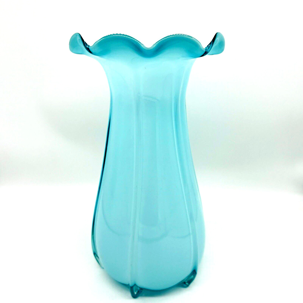 Glass Vase Cased Turquoise & White Ruffled Top Aqua Blown Glass Large 12"